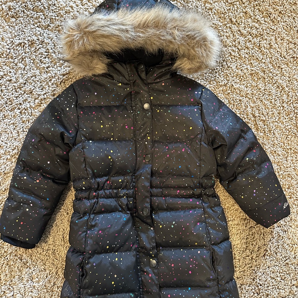 Eddie Bauer Black and Glitter Long Puffer Coat with Remorable Fur Hood
